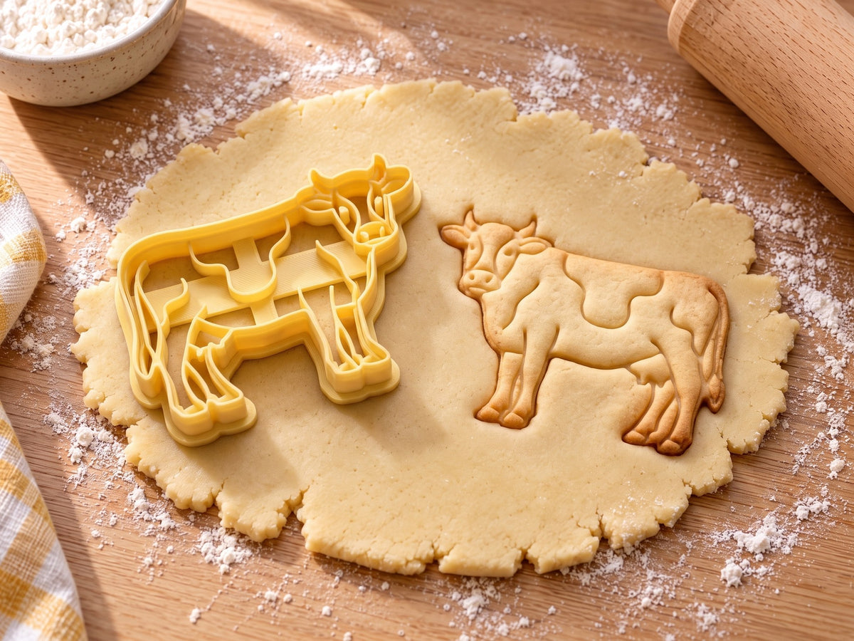 Butter-gelber Kuh-Ausstecher mit Prägung neben gebackenem Keks mit Fleckenmuster, Euter und Schwanz auf hellem Holz