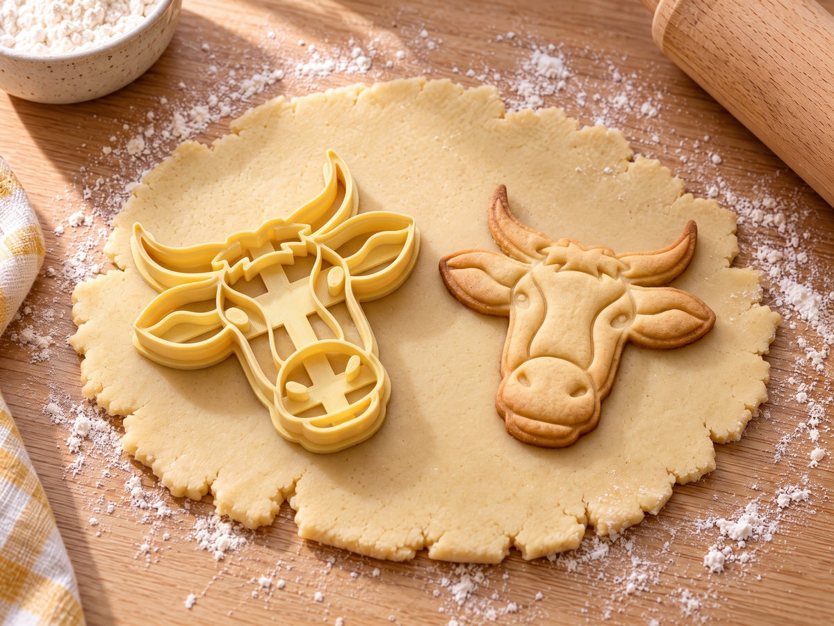 Butter-gelber Kuhkopf-Ausstecher mit Prägung neben gebackenem Keks mit Hörnern, Ohren und breitem Maul auf hellem Holz