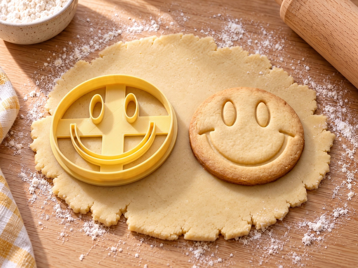 Butter-gelber Emoji-Ausstecher mit Prägung neben rundem Keks mit ovalen Augen und breitem Lächeln auf hellem Holz