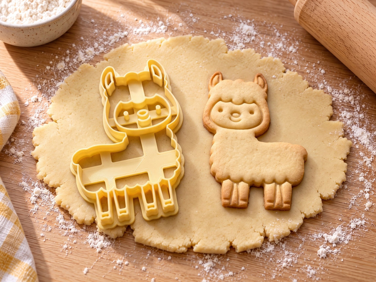 Butter-gelber Lama-Ausstecher mit Prägung neben gebackenem Keks mit Wollfell, Lockenschopf und vier Beinen auf hellem Holz