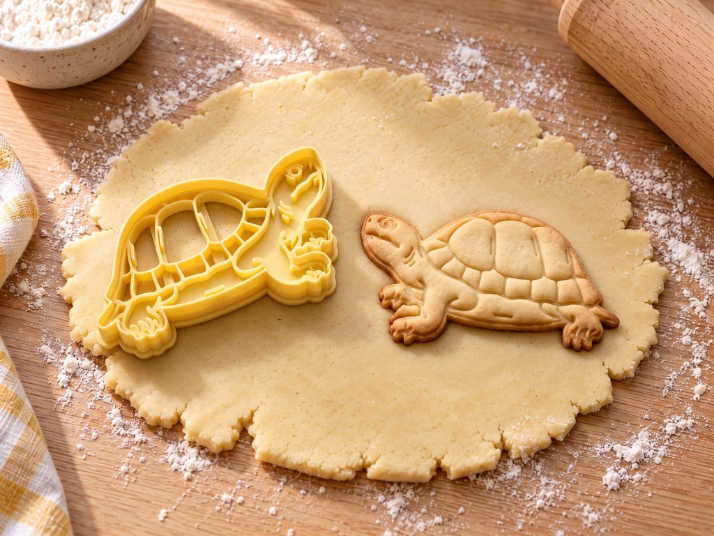 Butter-gelber Landschildkröten-Ausstecher mit Prägung neben gebackenem Keks mit gewölbtem Plattenpanzer auf hellem Holz