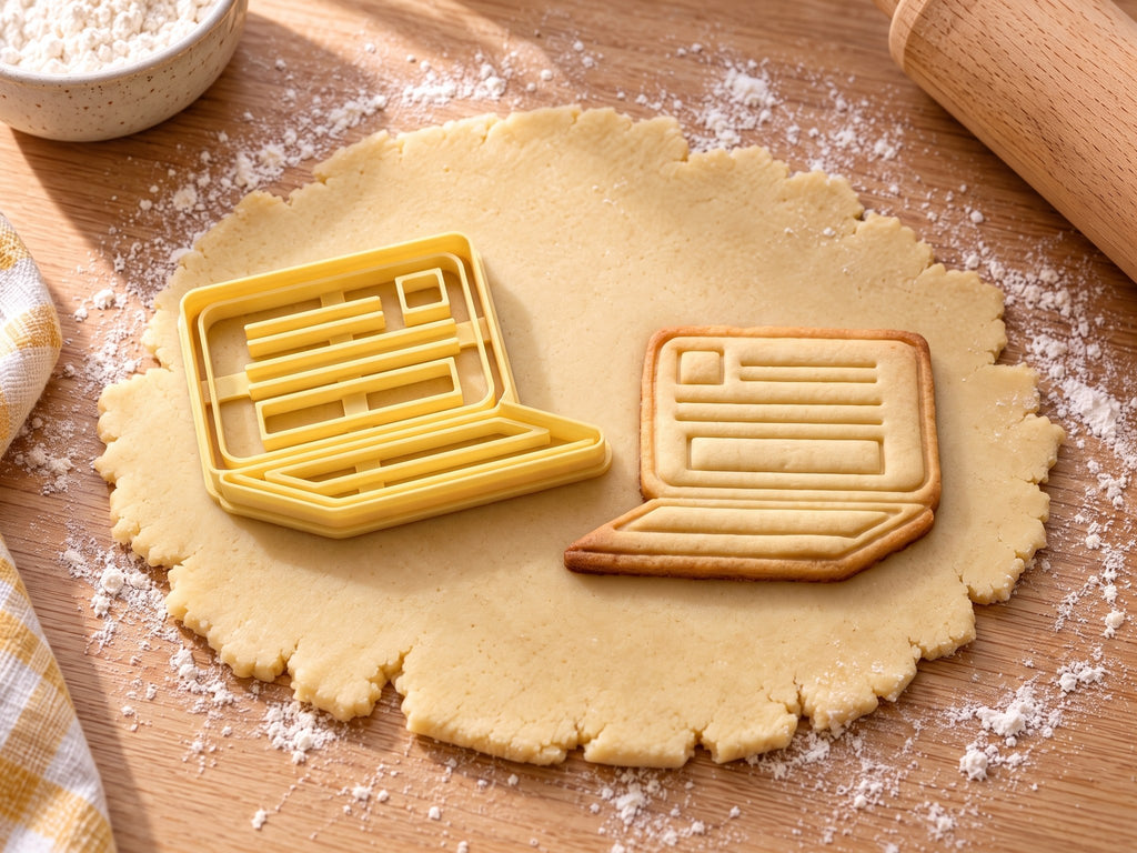 Butter-gelber Laptop-Ausstecher mit Prägung neben gebackenem Keks mit Bildschirm, Textzeilen und Tastatur auf hellem Holz