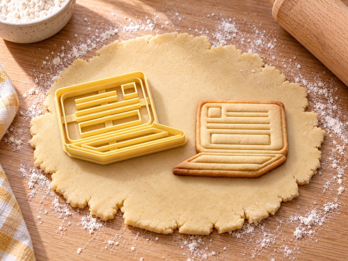Butter-gelber Laptop-Ausstecher mit Prägung neben gebackenem Keks mit Bildschirm, Textzeilen und Tastatur auf hellem Holz