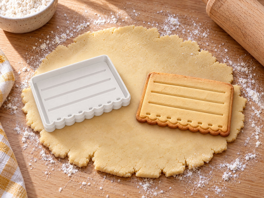 Dachplatten-Ausstecher mit Prägung neben gebackenem Lebkuchen-Keks mit Ziegelreihen und Wellenkante auf hellem Holz