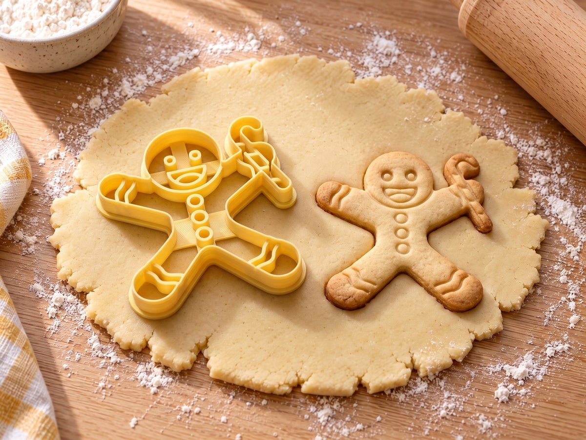 Butter-gelber Lebkuchenmann-Ausstecher mit Prägung neben gebackenem Keks mit Zuckerstange, Knöpfen und Streifen auf hellem Holz