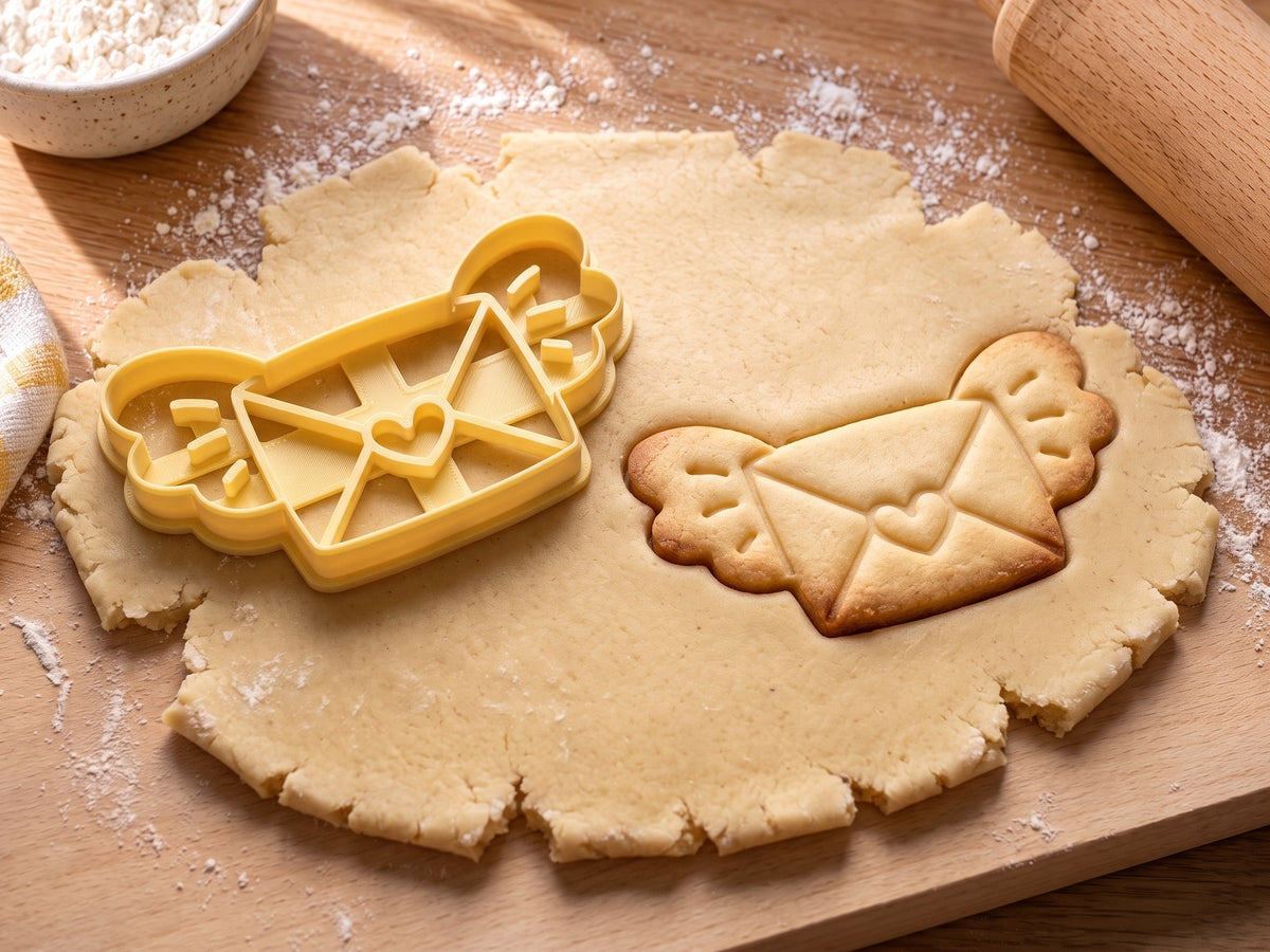 Butter-gelber Liebesbrief-Ausstecher mit Prägung neben Keks mit Herzsiegel und zwei kleinen Flügeln auf hellem Holz