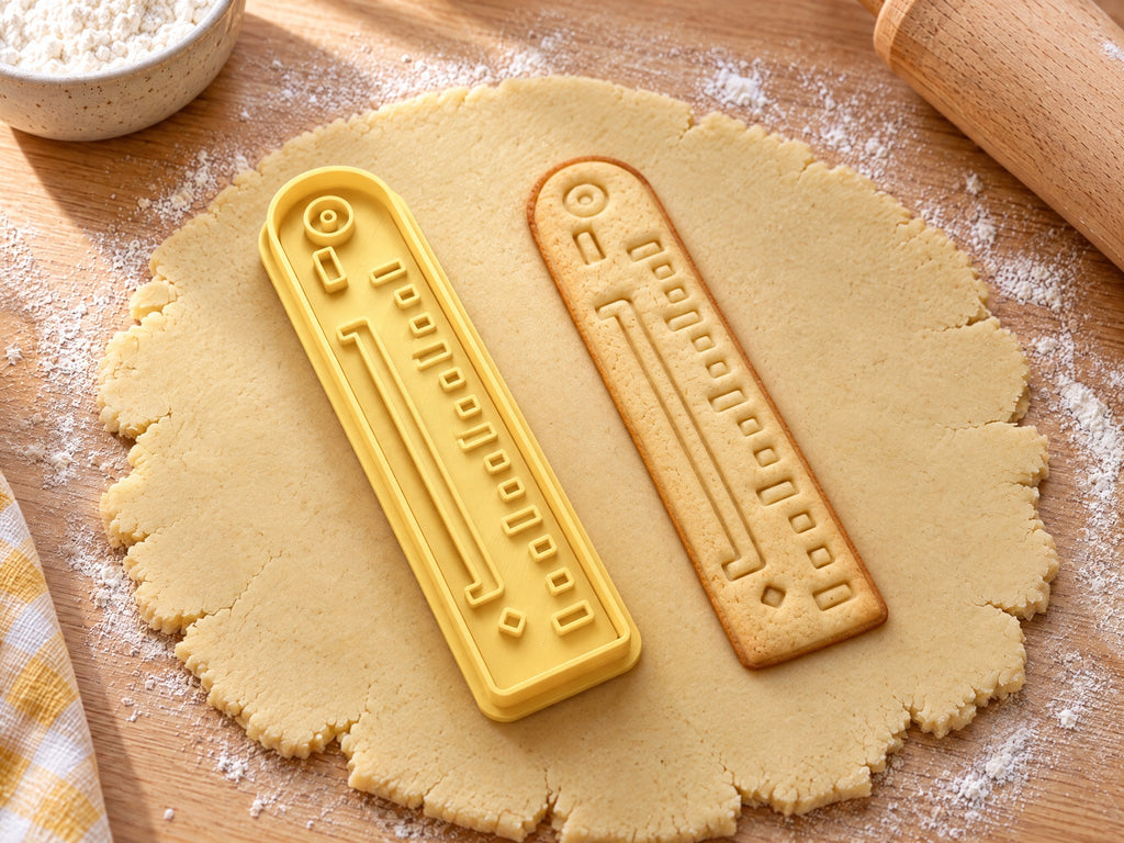 Butter-gelber Lineal-Ausstecher mit Prägung neben gebackenem Keks mit Skala und Aufhängeloch auf hellem Holz