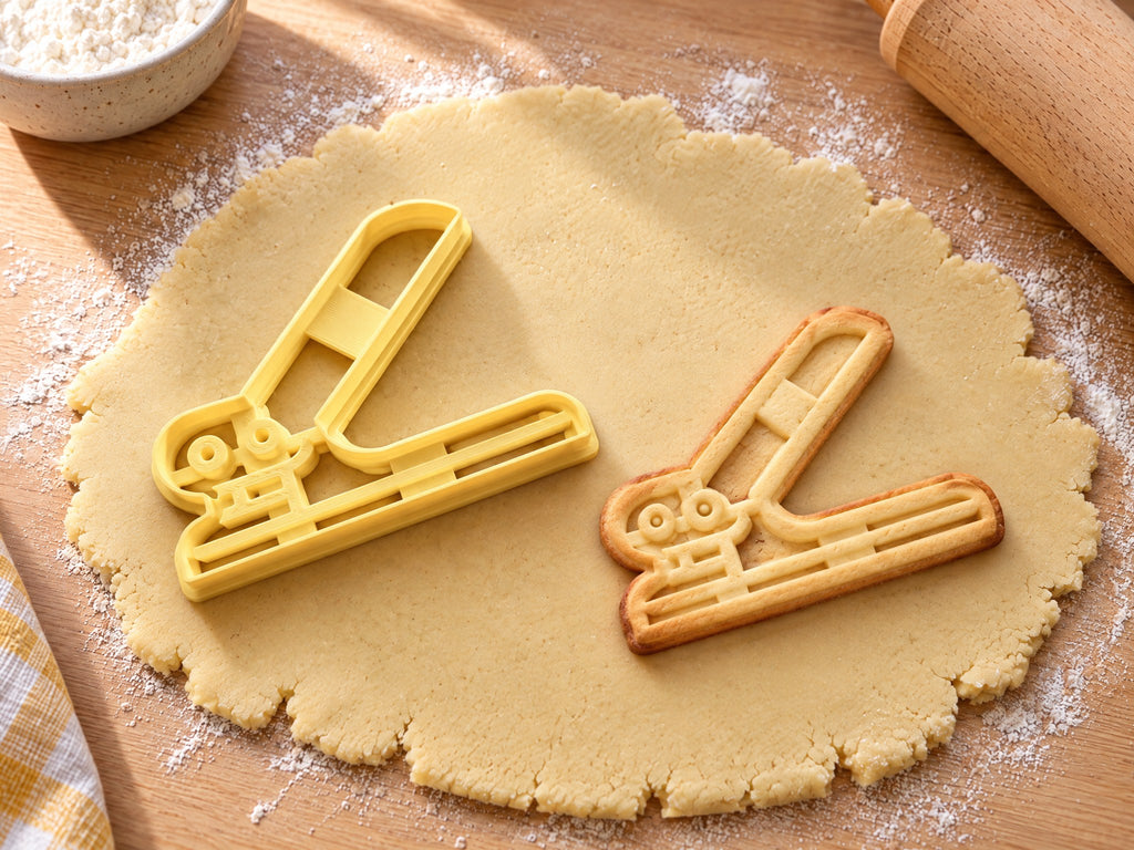 Butter-gelber Locher-Ausstecher mit Prägung neben gebackenem Keks mit schrägem Hebel und runden Stanzen auf hellem Holz