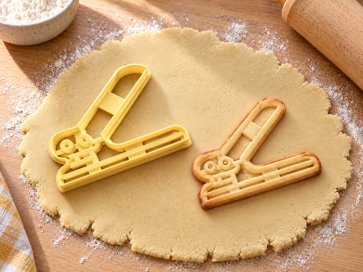 Butter-gelber Locher-Ausstecher mit Prägung neben gebackenem Keks mit schrägem Hebel und runden Stanzen auf hellem Holz