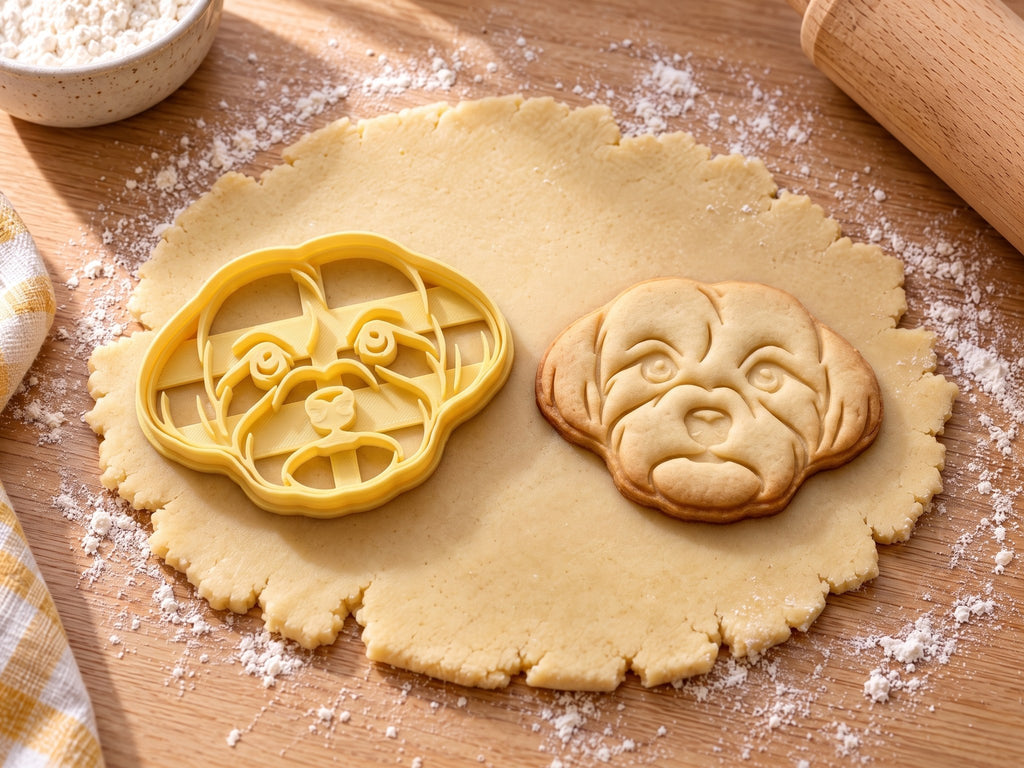 Butter-gelber Malteser-Ausstecher mit Prägung neben gebackenem Keks mit Knopfaugen und weichem Fellrahmen auf hellem Holz