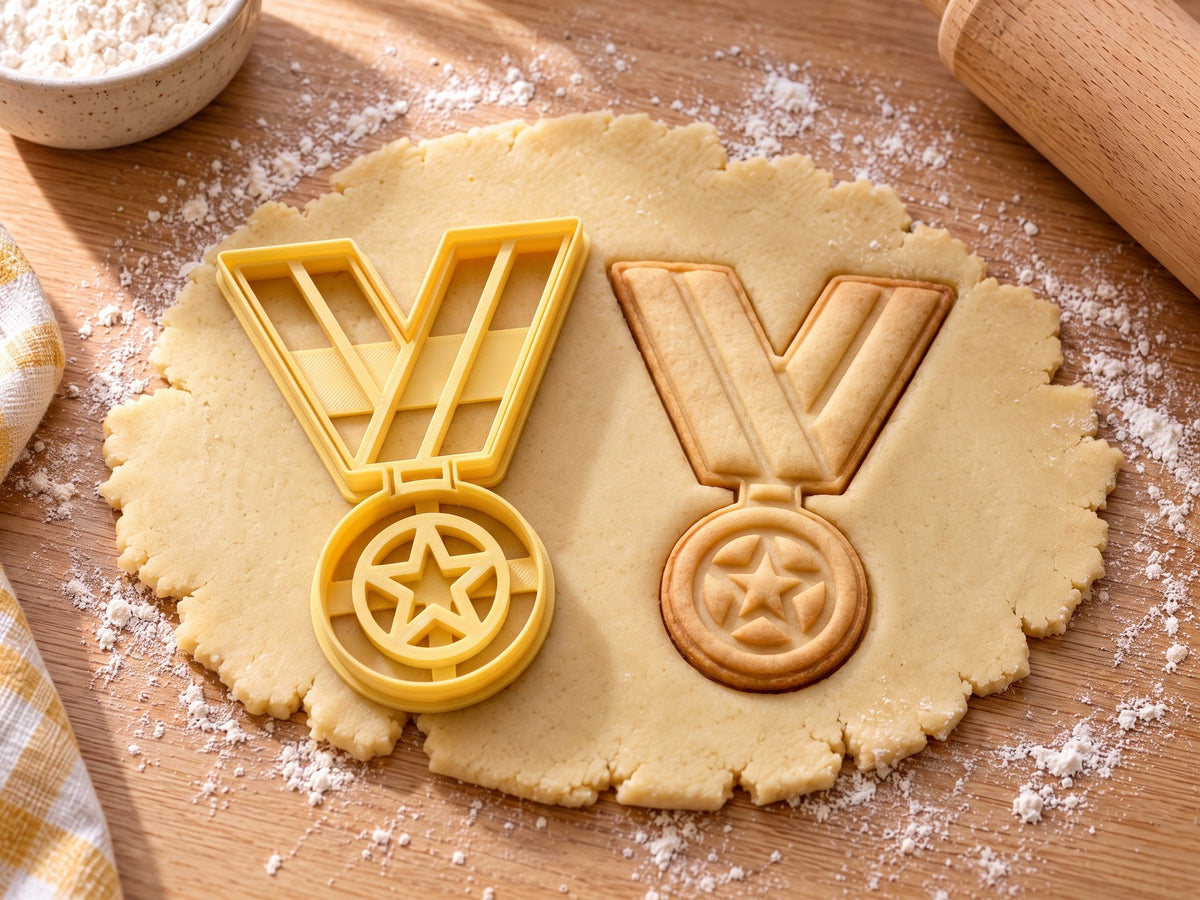 Butter-gelber Medaillen-Ausstecher mit Prägung neben gebackenem Keks mit V-Band, Öse und Stern auf hellem Holz