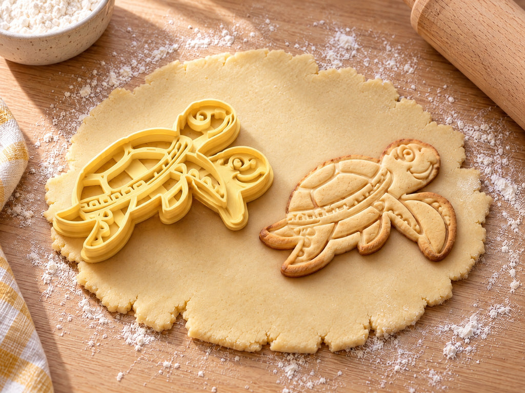 Butter-gelber Meeresschildkröten-Ausstecher mit Prägung neben gebackenem Keks mit Panzerplatten und Flossen auf hellem Holz