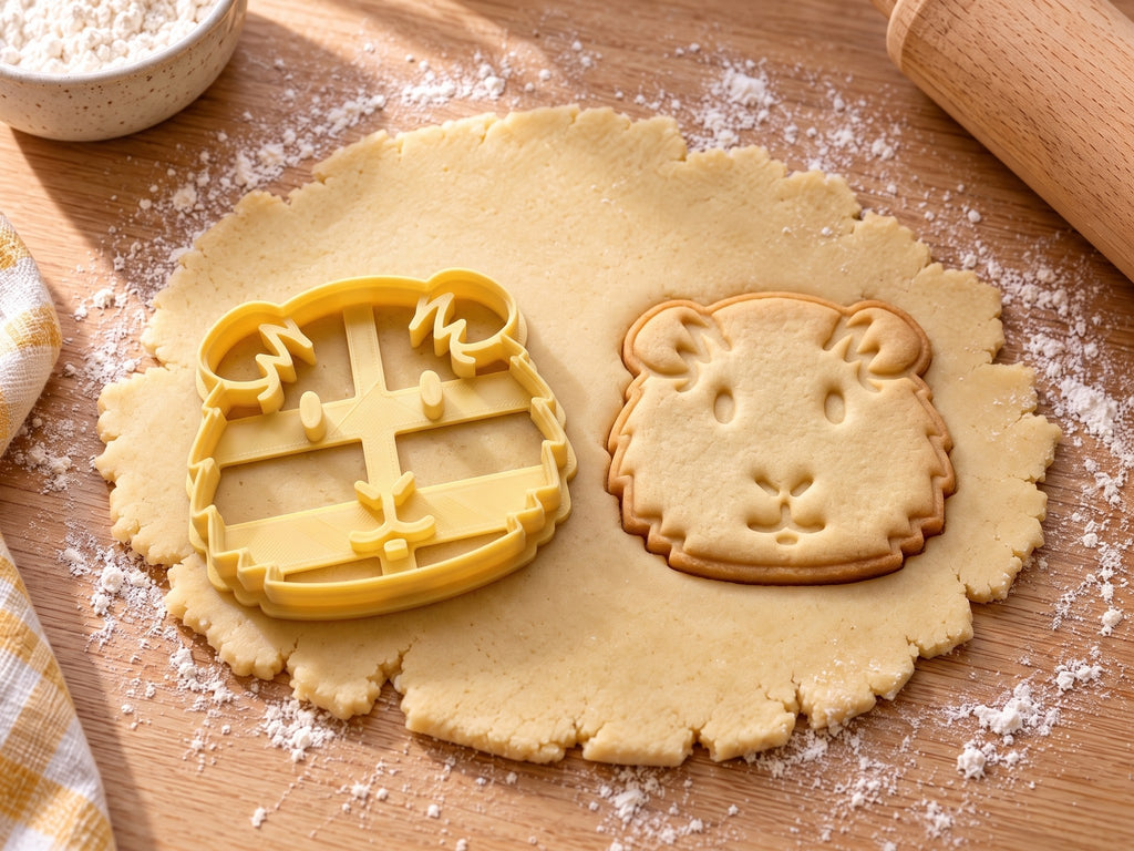 Butter-gelber Meerschweinchen-Ausstecher mit Prägung neben gebackenem Keks mit struppigem Fell und Stupsnase auf hellem Holz