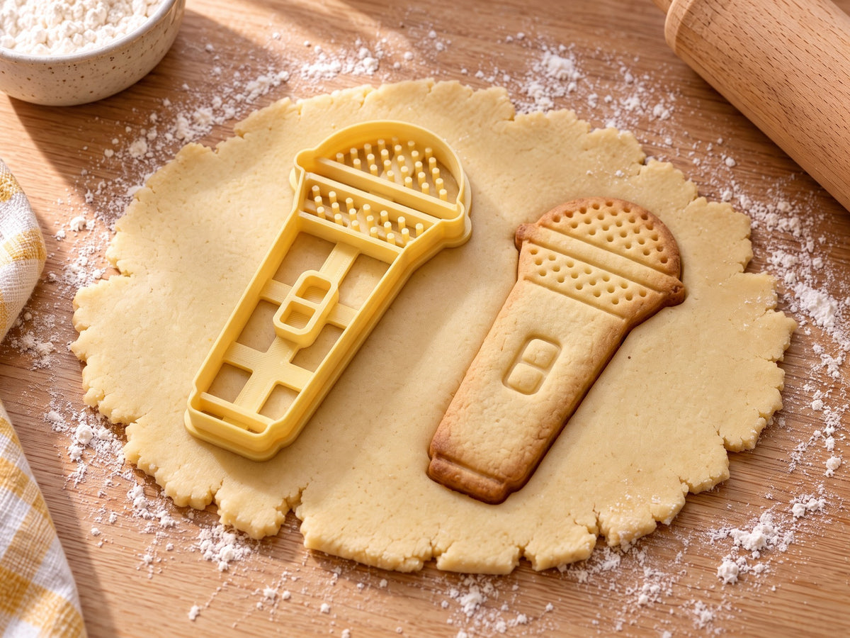 Butter-gelber Mikrofon-Ausstecher mit Prägung neben gebackenem Keks mit Punktraster am Korb und Schalter auf hellem Holz