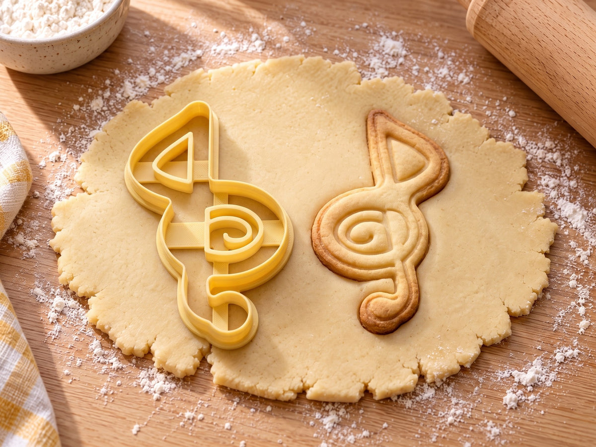 Butter-gelber Notenschlüssel-Ausstecher mit Prägung neben gebackenem Violinschlüssel-Keks mit Spirale auf hellem Holz