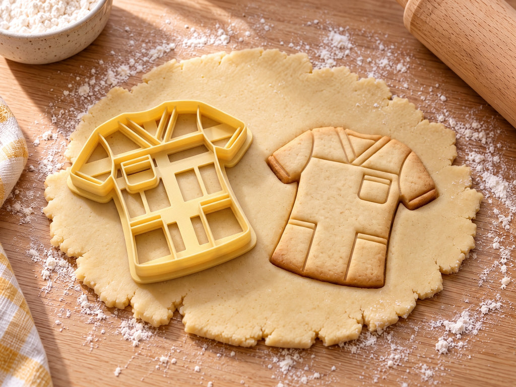 Butter-gelber OP-Kleidung-Ausstecher mit Prägung neben gebackenem Keks mit Kasack, Brusttasche und Hose auf hellem Holz