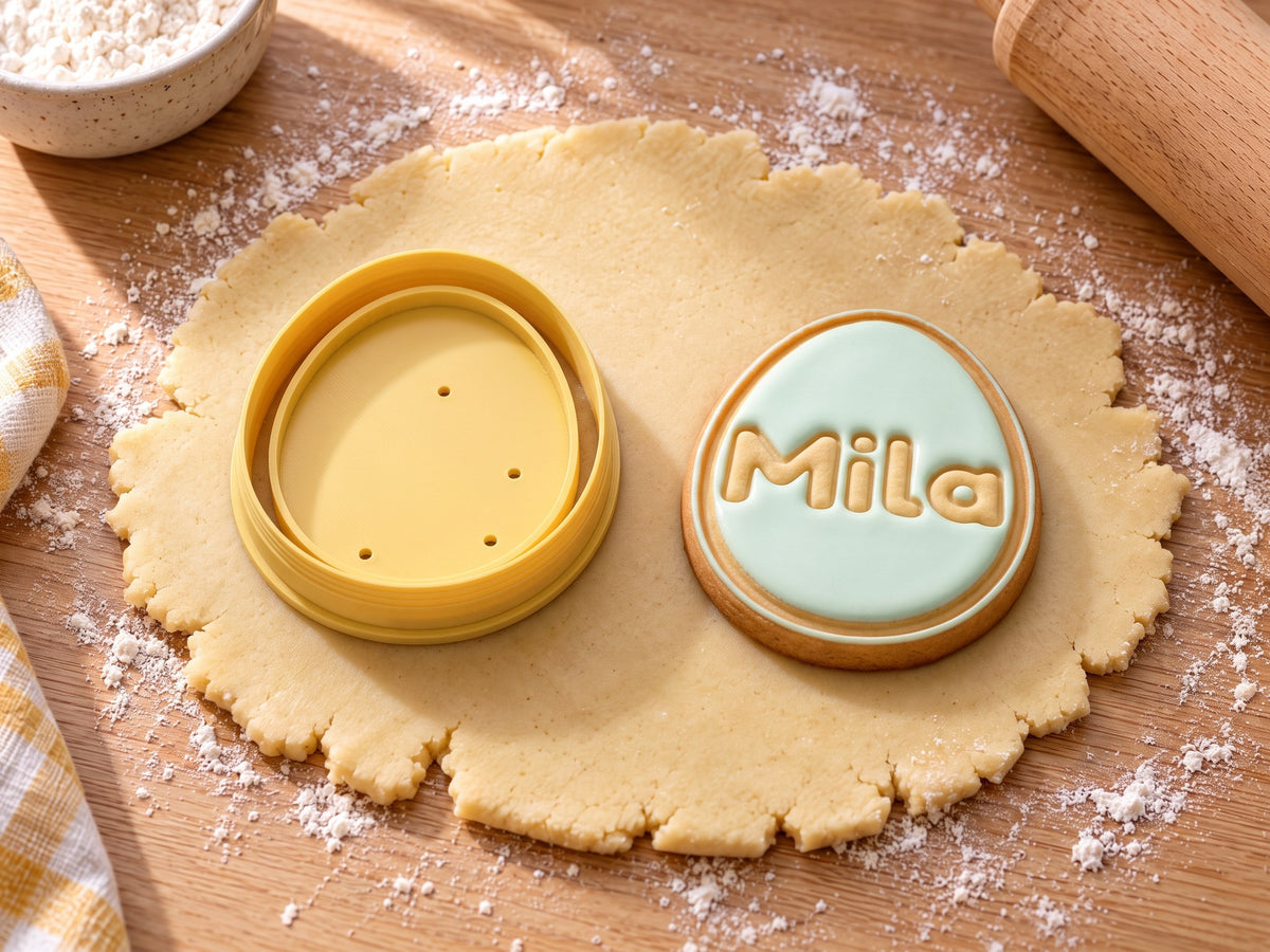 Butter-gelber Osterei-Ausstecher neben gebackenem Eierkeks mit mintgrünem Zuckerguss und geprägtem Namen „Mila“ auf ausgerolltem Teig und hellem Holz