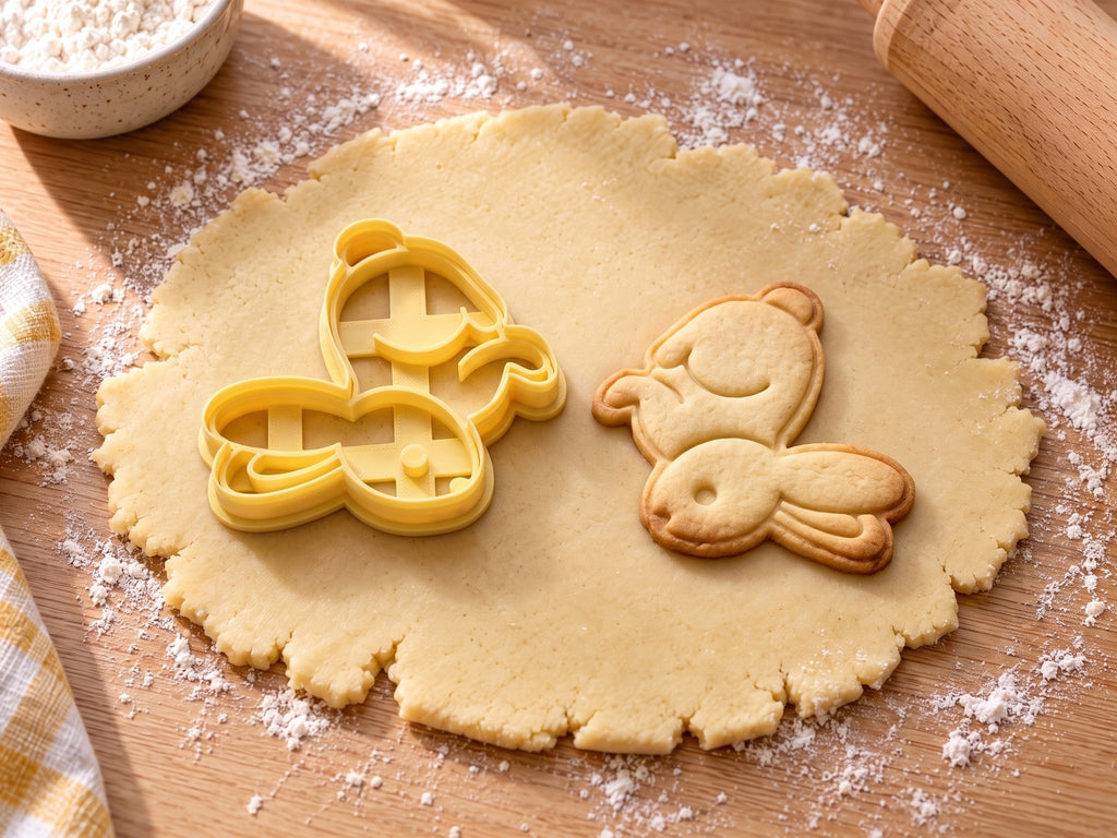 Butter-gelber Osterhasen-Ausstecher mit Prägung neben Keks mit springendem Hasen, Puschelschwanz und langen Ohren auf hellem Holz