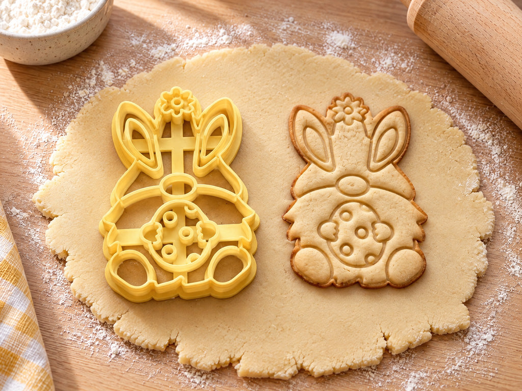 Butter-gelber Osterwichtel-Ausstecher mit Prägung neben Keks mit Hasenohren, Rauschebart und gepunktetem Ei auf hellem Holz