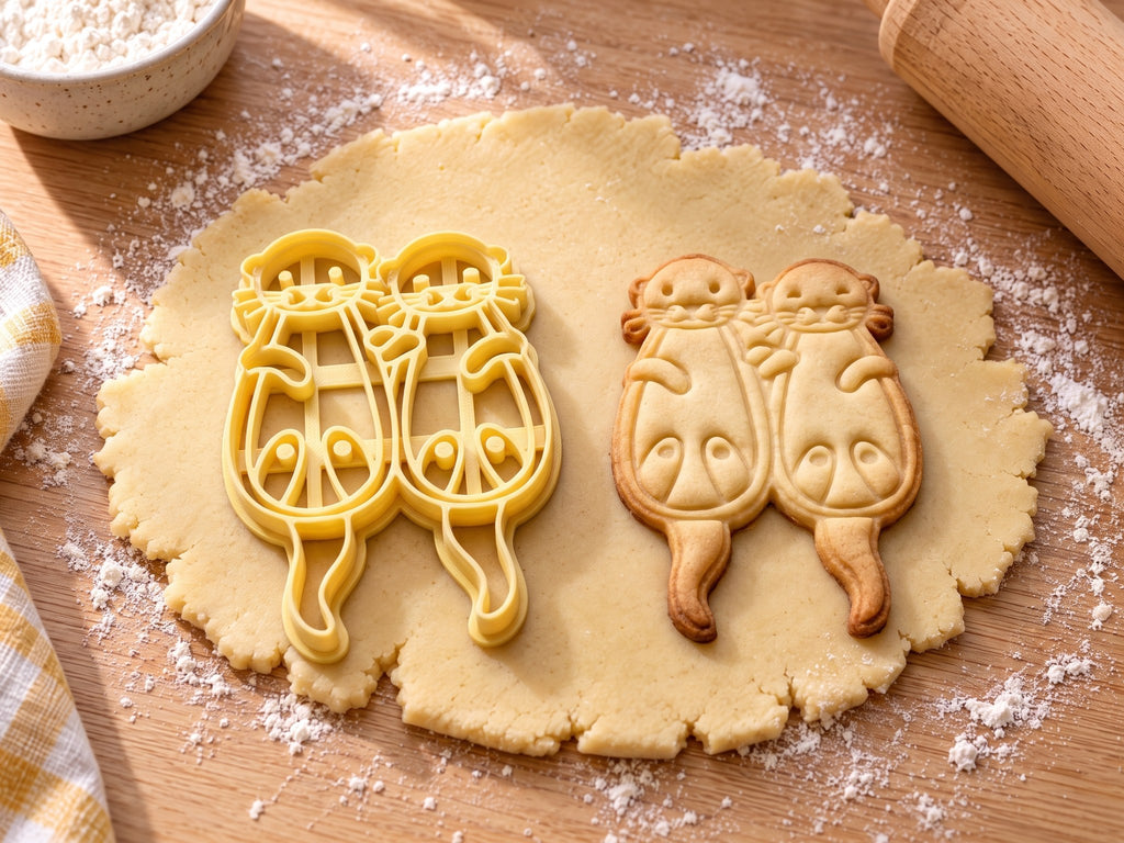 Butter-gelber Otterpaar-Ausstecher mit Prägung neben gebackenem Keks mit zwei Ottern, die sich an den Pfoten halten, auf hellem Holz
