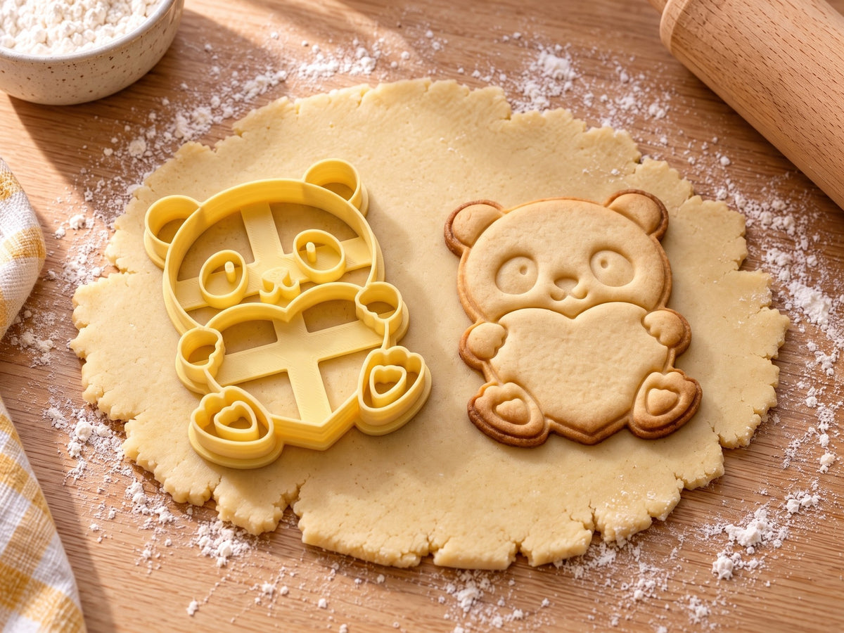 Butter-gelber Panda-Ausstecher mit Prägung neben gebackenem Keks mit Panda, der ein großes Herz hält, auf hellem Holz