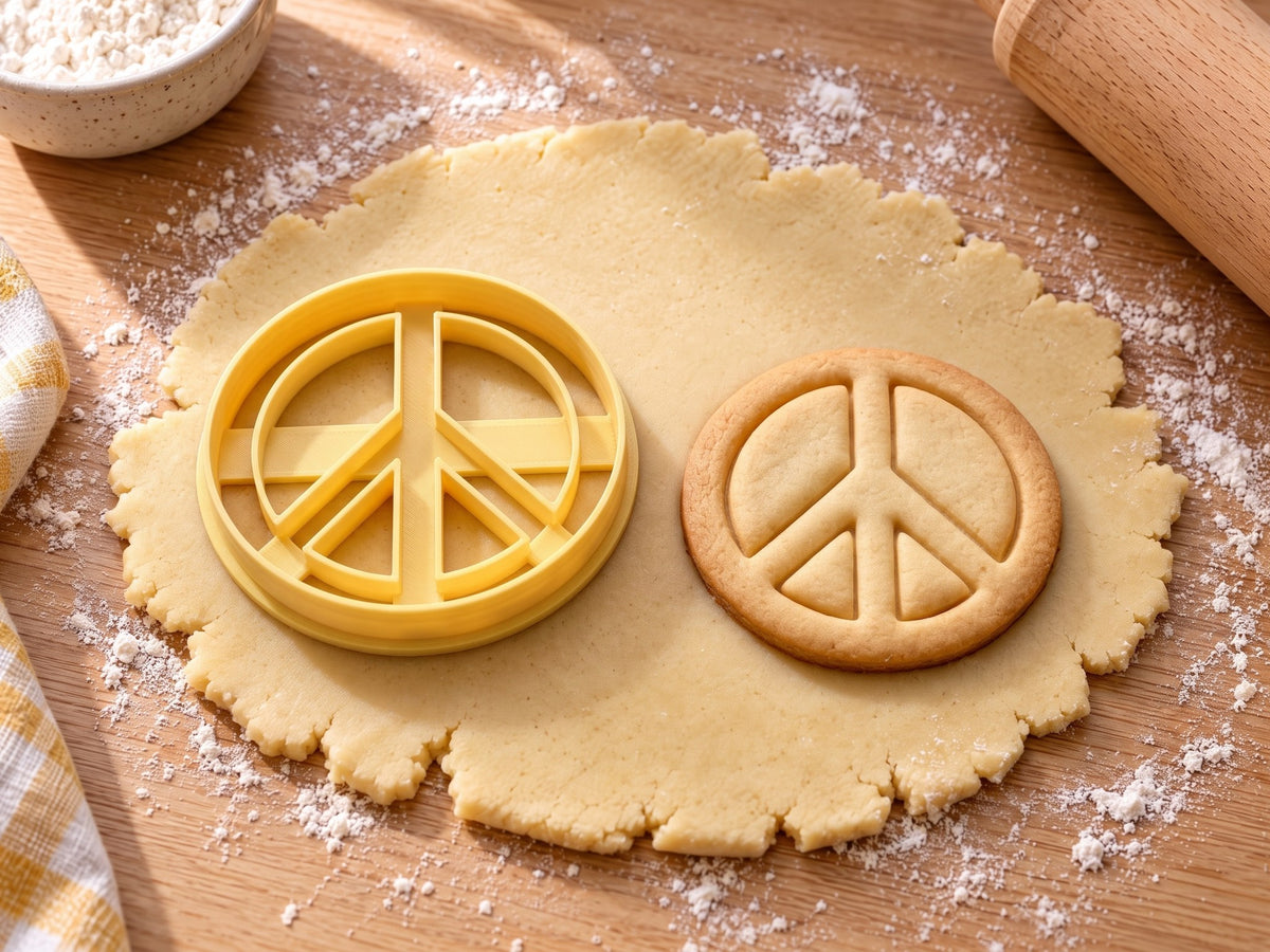 Butter-gelber Peace-Zeichen-Ausstecher mit Prägung neben gebackenem Keks mit breitem Außenring und schlanken Balken auf hellem Holz
