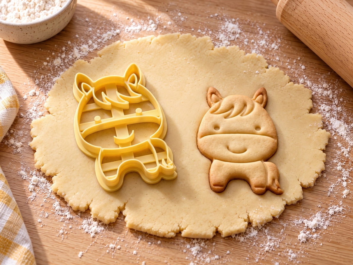 Butter-gelber Pony-Ausstecher mit Prägung neben gebackenem Keks mit großem Kopf, Stirnlocke und kleinem Körper auf hellem Holz