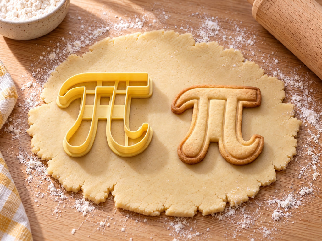 Butter-gelber Pi-Ausstecher mit Prägung neben Keks in Form des Zeichens π mit geprägter Kontur auf hellem Holz