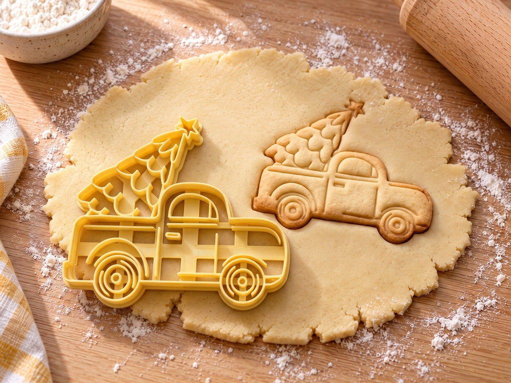 Butter-gelber Pick-up-Ausstecher mit Prägung neben gebackenem Keks mit Tannenbaum auf der Ladefläche auf hellem Holz
