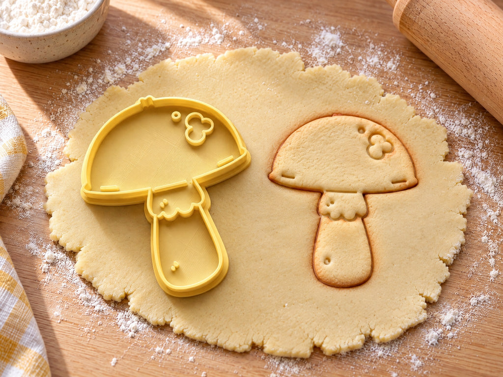 Butter-gelber Pilz-Ausstecher mit Prägung neben gebackenem Keks mit Manschette am Stiel und glattem Hut auf hellem Holz