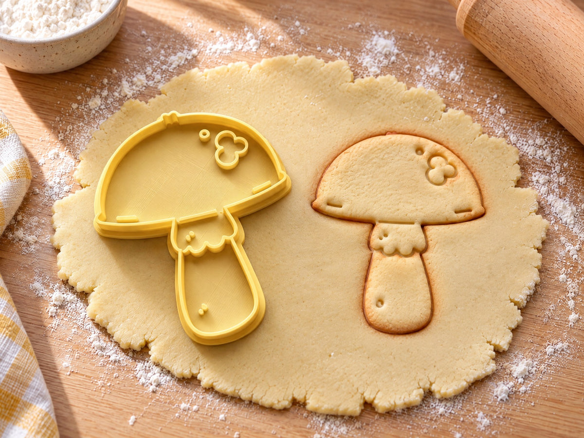 Butter-gelber Pilz-Ausstecher mit Prägung neben gebackenem Keks mit Manschette am Stiel und glattem Hut auf hellem Holz