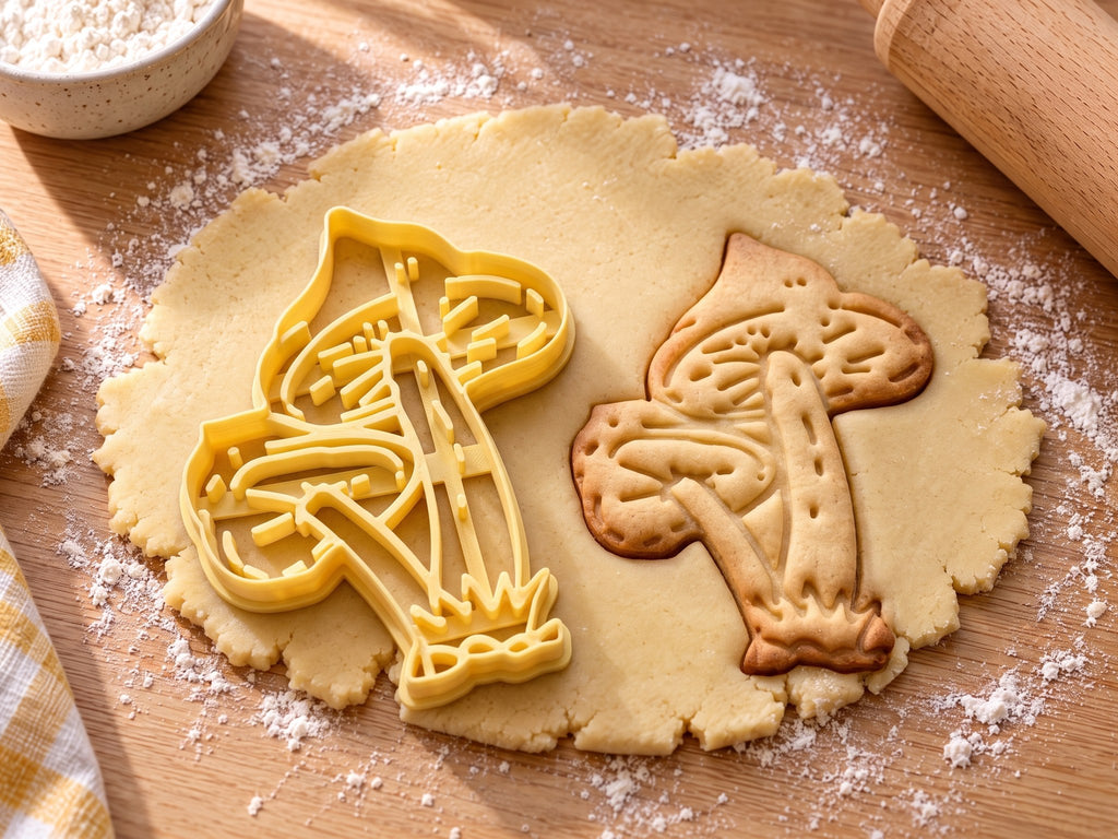Butter-gelber Ausstecher mit Prägung: zwei Pilze im Grasbüschel, daneben gebackener Keks mit gesprenkelten Hüten auf hellem Holz