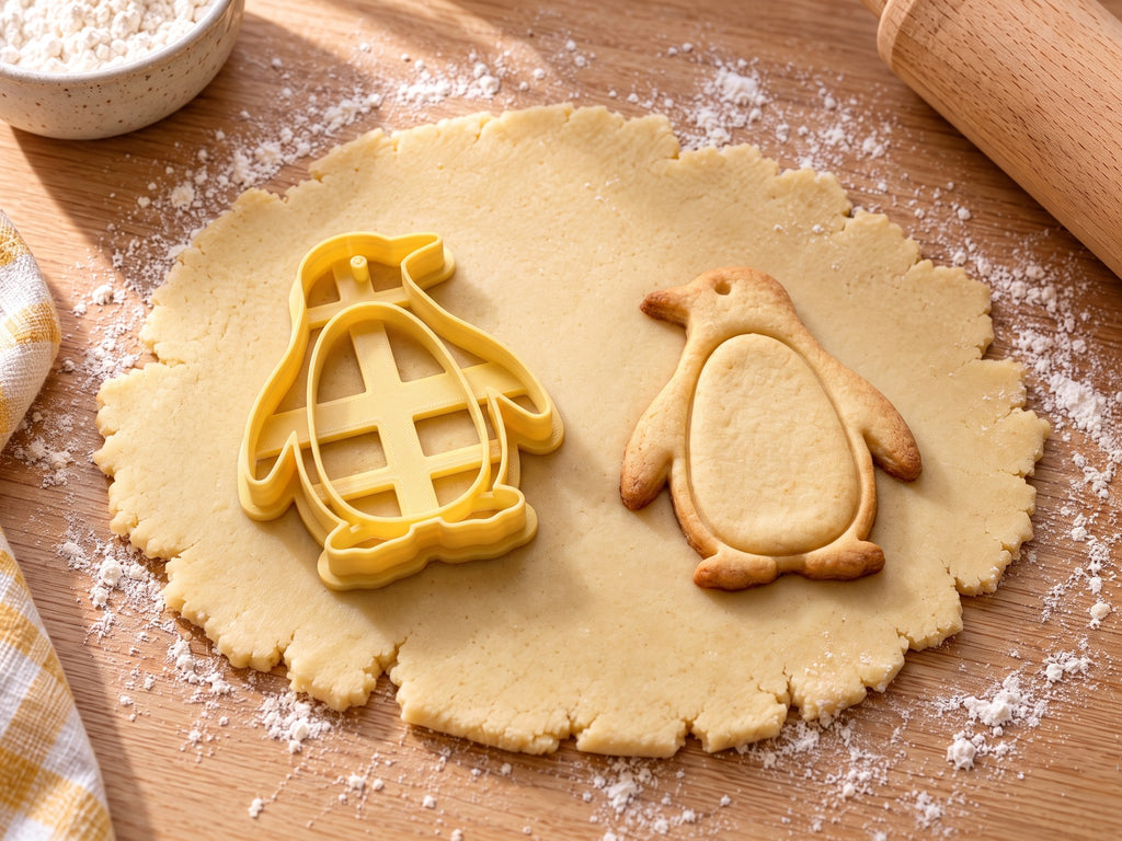 Butter-gelber Pinguin-Ausstecher mit Prägung neben gebackenem Keks: Pinguin im Profil mit ovalem Bauch und Flügel auf hellem Holz