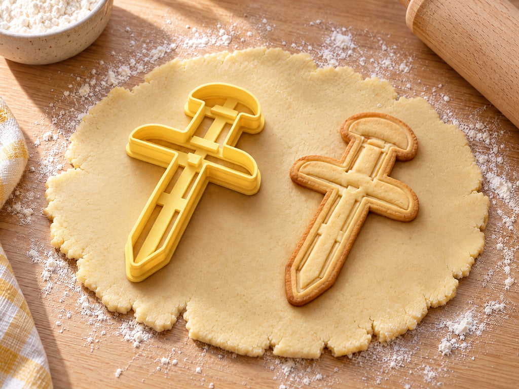 Butter-gelber Pinnnadel-Ausstecher mit Prägung neben gebackenem Keks mit rundem Kopf und langer Spitze auf hellem Holz