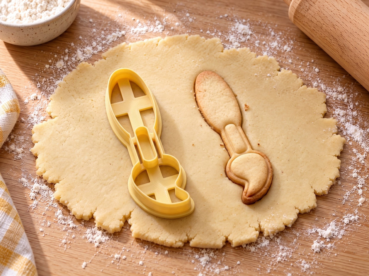 Butter-gelber Pinsel-Ausstecher mit Prägung neben gebackenem Keks mit rundem Stiel und geschwungenen Borsten auf hellem Holz
