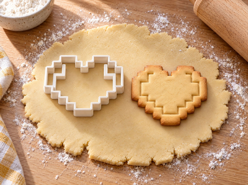 Pixel-Herz-Ausstecher mit Prägung neben gebackenem Keks auf hellem Holz