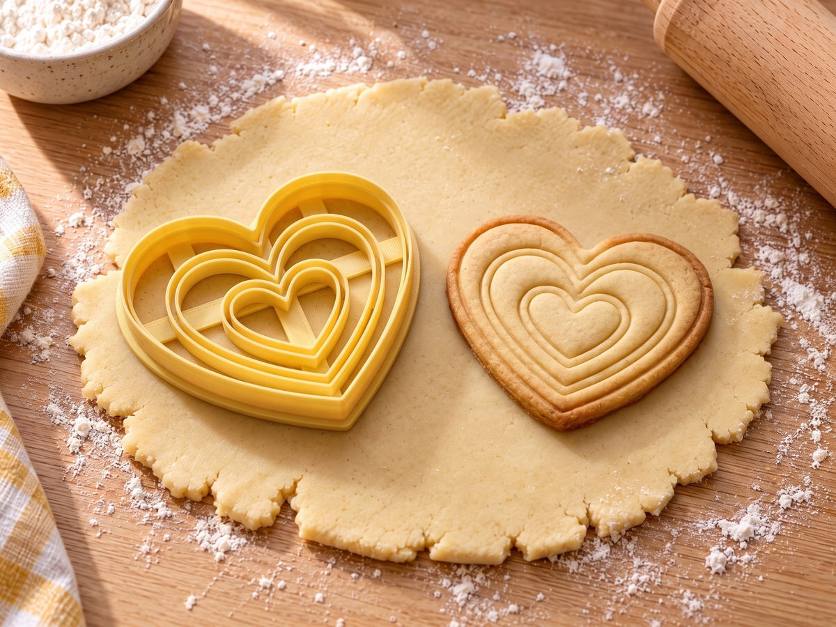 Butter-gelber Regenbogenherz-Ausstecher mit Prägung neben Keks mit ineinanderliegenden Herzlinien auf hellem Holz