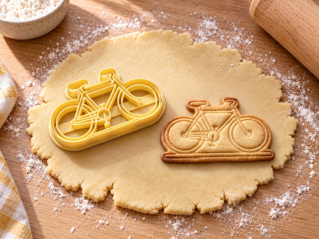 Butter-gelber Rennrad-Ausstecher mit Prägung neben gebackenem Keks mit Rahmen, Rennlenker und zwei Laufrädern auf hellem Holz