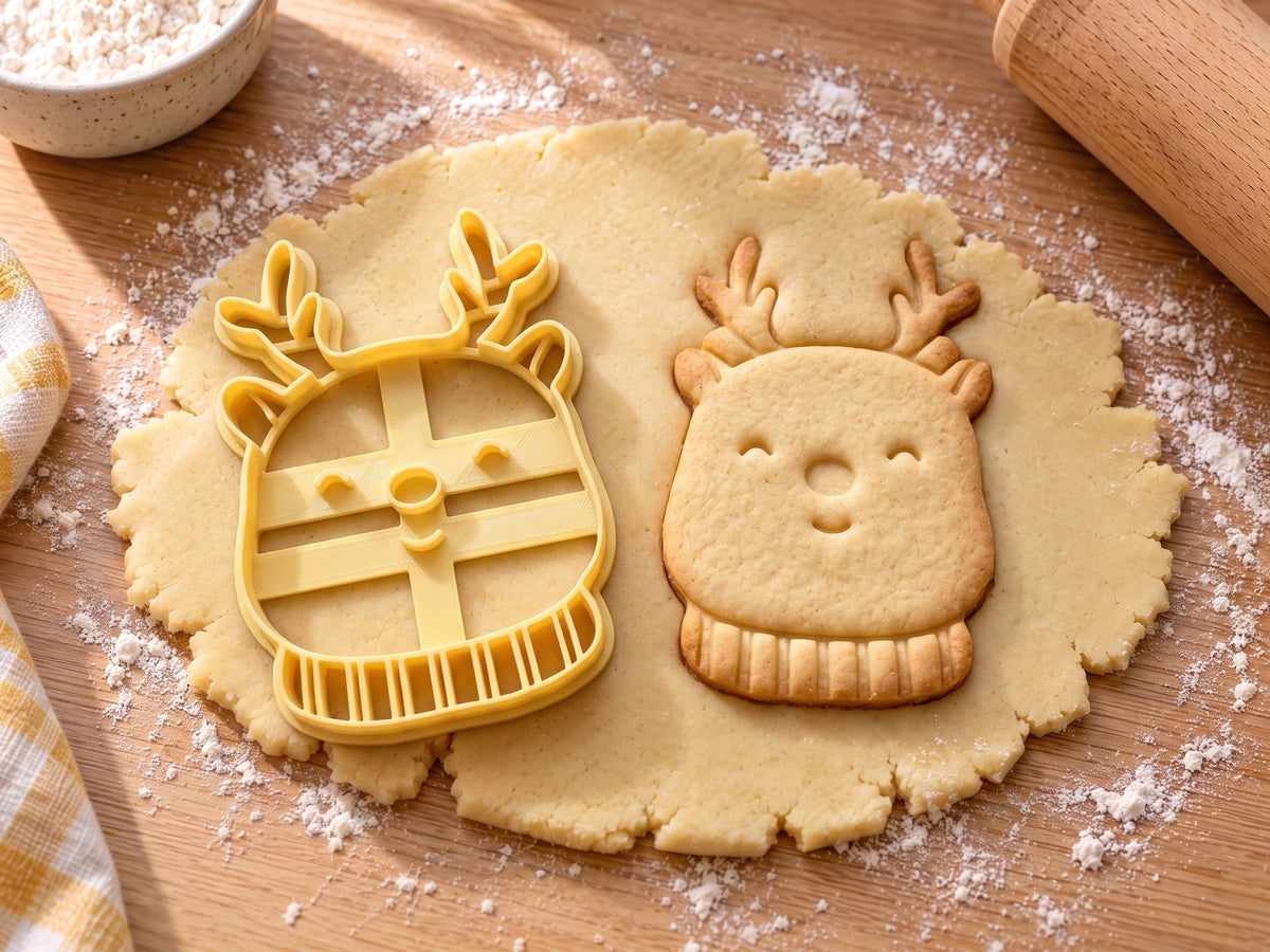 Butter-gelber Rentier-Ausstecher mit Prägung neben gebackenem Keks mit Geweih, Lachaugen und Rippenschal auf hellem Holz