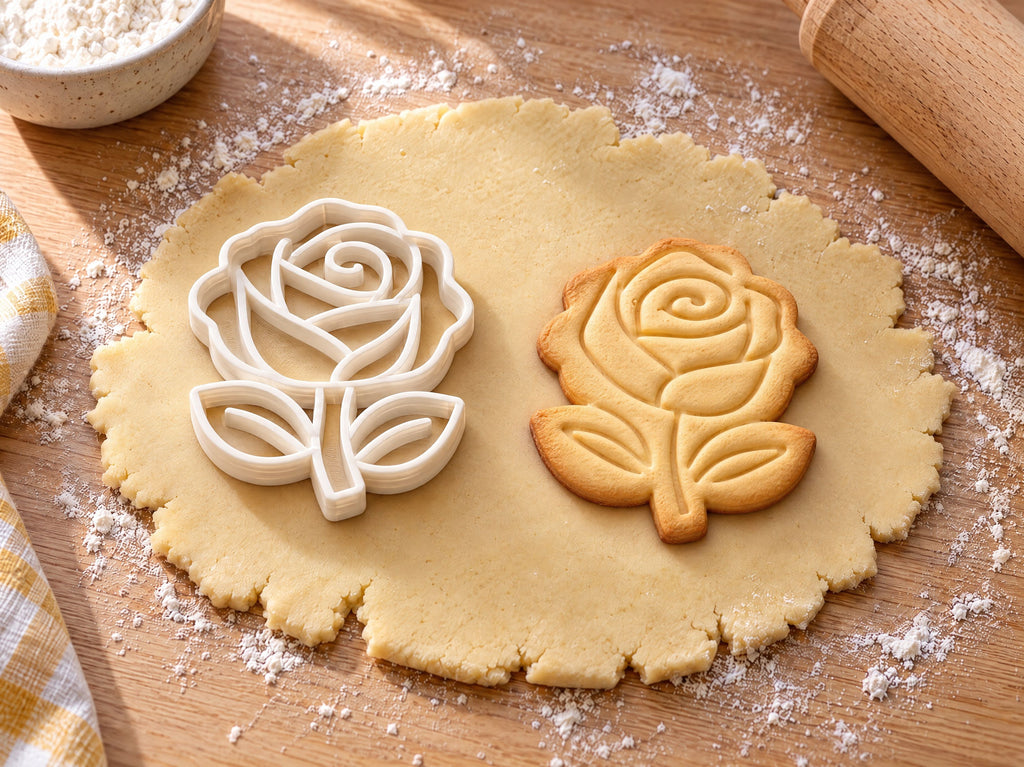 Rose-Ausstecher mit Prägung neben gebackenem Keks auf hellem Holz