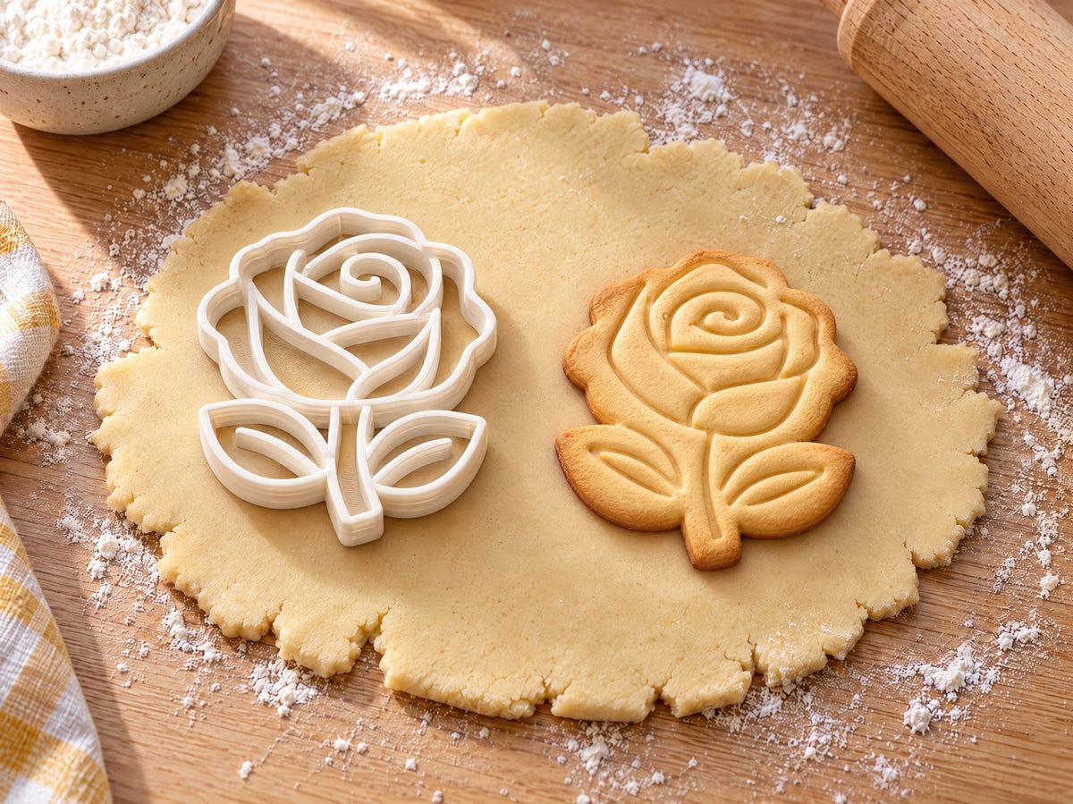 Rose-Ausstecher mit Prägung neben gebackenem Keks auf hellem Holz