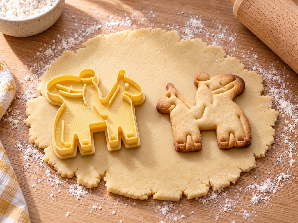 Butter-gelber Sankt-Martin-Ausstecher mit Prägung neben gebackenem Keks mit Reiter, wehendem Mantel und Pferd auf hellem Holz