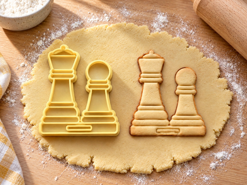 Butter-gelber Ausstecher mit Prägung als Dame und Bauer neben gebackenem Keks mit geprägten Kronen und Sockelstufen auf hellem Holz