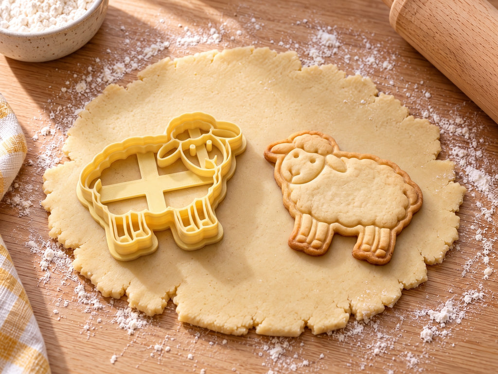 Butter-gelber Schaf-Ausstecher mit Prägung neben gebackenem Keks: Schaf von der Seite mit Wolkenwolle und Lockenschopf auf hellem Holz