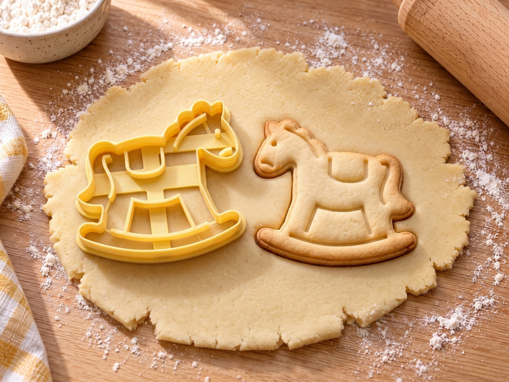 Butter-gelber Schaukelpferd-Ausstecher mit Prägung neben Keks mit Mähne, Sattel und Kufe auf hellem Holz