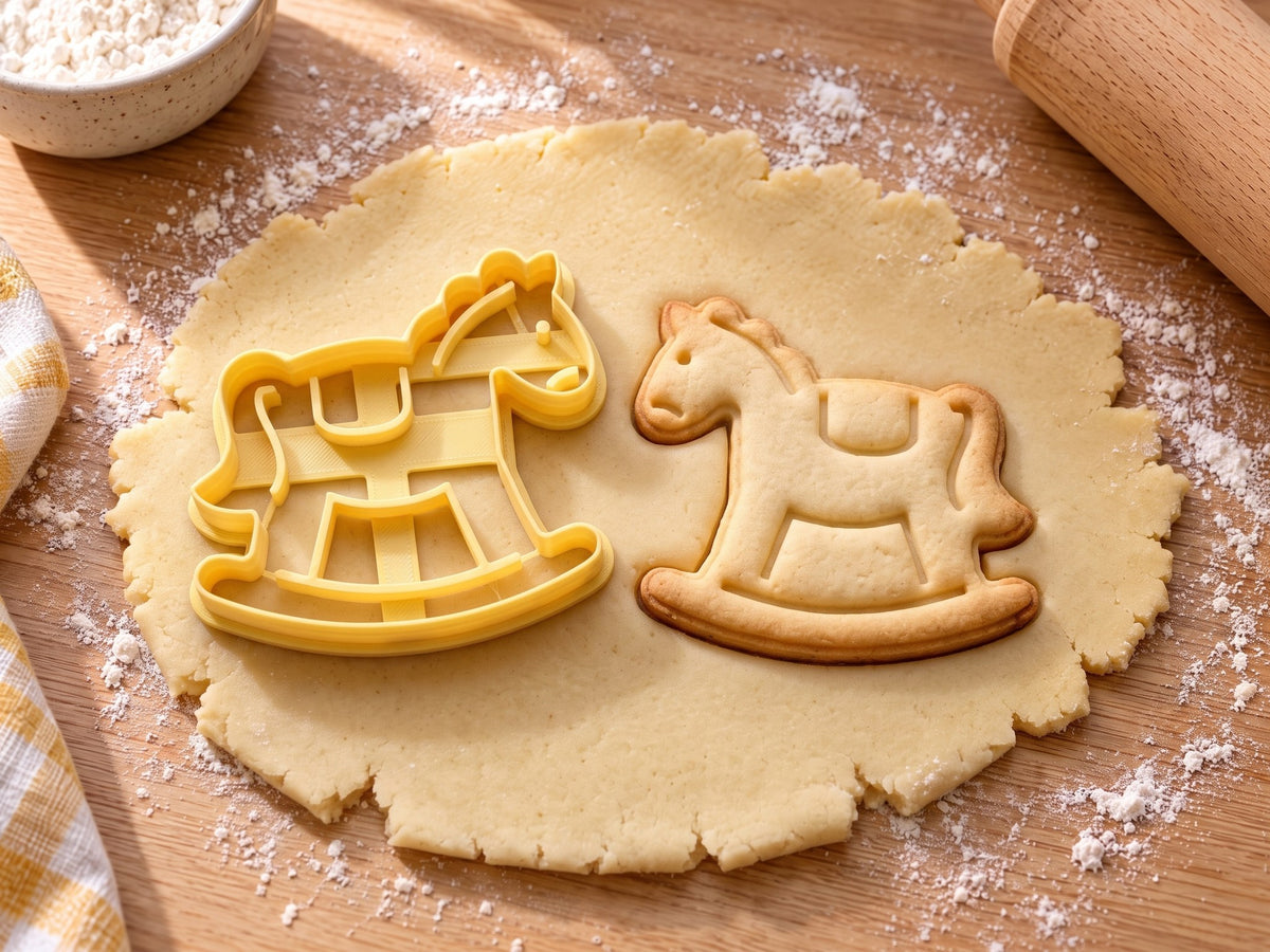 Butter-gelber Schaukelpferd-Ausstecher mit Prägung neben Keks mit Mähne, Sattel und Kufe auf hellem Holz