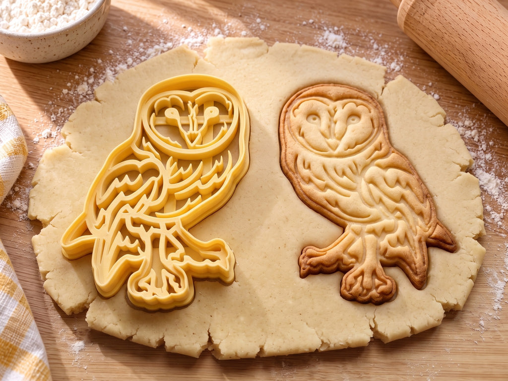 Butter-gelber Schleiereulen-Ausstecher mit Prägung neben gebackenem Keks mit herzförmigem Gesicht und Federzeichnung auf hellem Holz