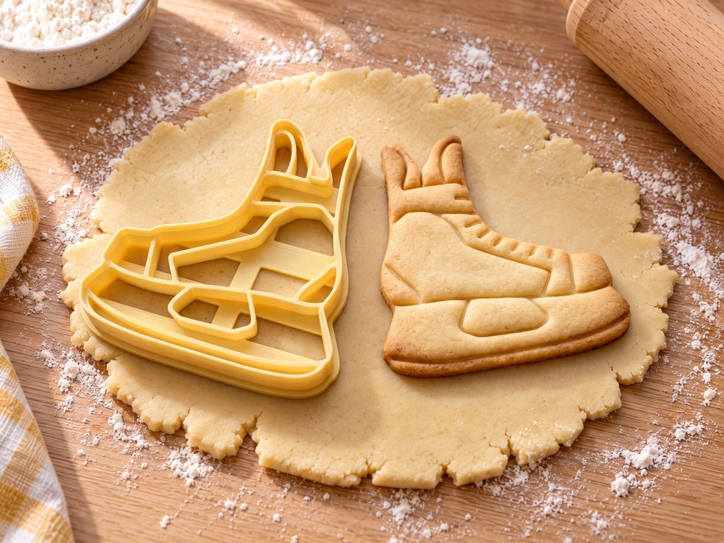 Butter-gelber Schlittschuh-Ausstecher mit Prägung neben gebackenem Keks mit Zehenkappe, Schaft und langer Kufe auf hellem Holz