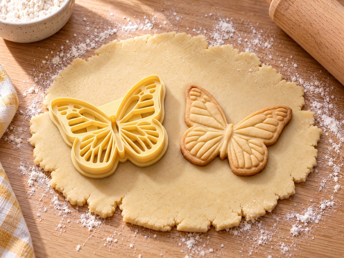 Butter-gelber Schmetterling-Ausstecher mit Prägung neben gebackenem Keks mit fein geäderten Flügeln und Fühlern auf hellem Holz