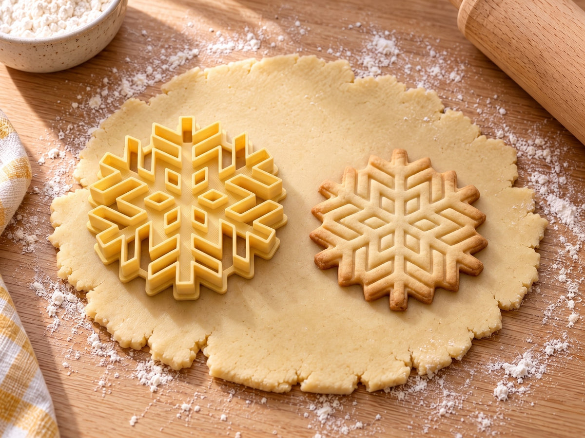 Butter-gelber Schneeflocken-Ausstecher mit Prägung neben gebackenem Keks mit kantigem Winkelmuster und Rautenmitte auf hellem Holz